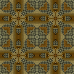 Zigzag and dotted lines gold seamless pattern. Abstract grunge ornamental vector background. Geometric repeat golden backdrop. Doodle zig zag lines, shapes. Ornate textured halftone ornaments