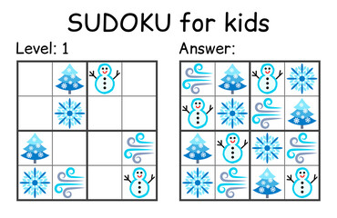 Sudoku. Kids and adult mathematical mosaic. Kids game. Winter theme. Magic square. Logic puzzle game. Digital rebus