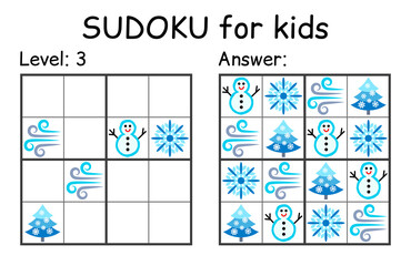 Sudoku. Kids and adult mathematical mosaic. Kids game. Winter theme. Magic square. Logic puzzle game. Digital rebus