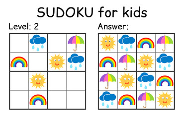 Sudoku. Kids and adult mathematical mosaic. Kids game. Weather theme. Magic square. Logic puzzle game. Digital rebus