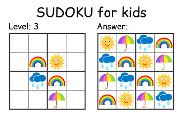 Sudoku. Kids and adult mathematical mosaic. Kids game. Weather theme. Magic square. Logic puzzle game. Digital rebus