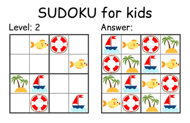 Sudoku. Kids and adult mathematical mosaic. Kids game. Marine theme. Magic square. Logic puzzle game. Digital rebus