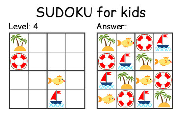 Sudoku. Kids and adult mathematical mosaic. Kids game. Marine theme. Magic square. Logic puzzle game. Digital rebus