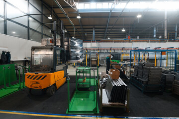 Forklift loader in storage warehouse ship yard. Distribution products. Delivery. Logistics. Transportation. Business background