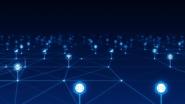 Motion graphic of Blue futuristic technology icon and line linked network connection abstract background concept camera zoom seamless loop video