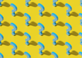 Isometric seamless pattern of blue question marks on yellow background. 3d illustration.