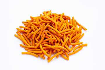 Salt breadsticks on white background.