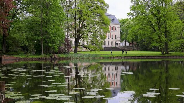 Pszczynski Park and Castle in Pszczyna town in Silesia region of Poland, 4k video