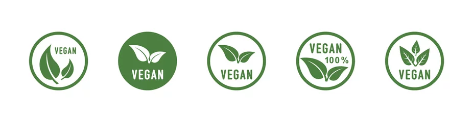 Poster Vegan round icons set. Vegan food sign with leaves. Logo. Tag for cafe restaurants packaging design. Bio, Ecology, Organic Logos and Badges, Label. Vegan food diet icon, bio and healthy food. Vector © Vlad
