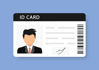 Fototapeta na wymiar Male plastic ID cards, car driver licences with man photo on blue background. ID card, identification card, drivers license, identity verification, person data. Vector illustration