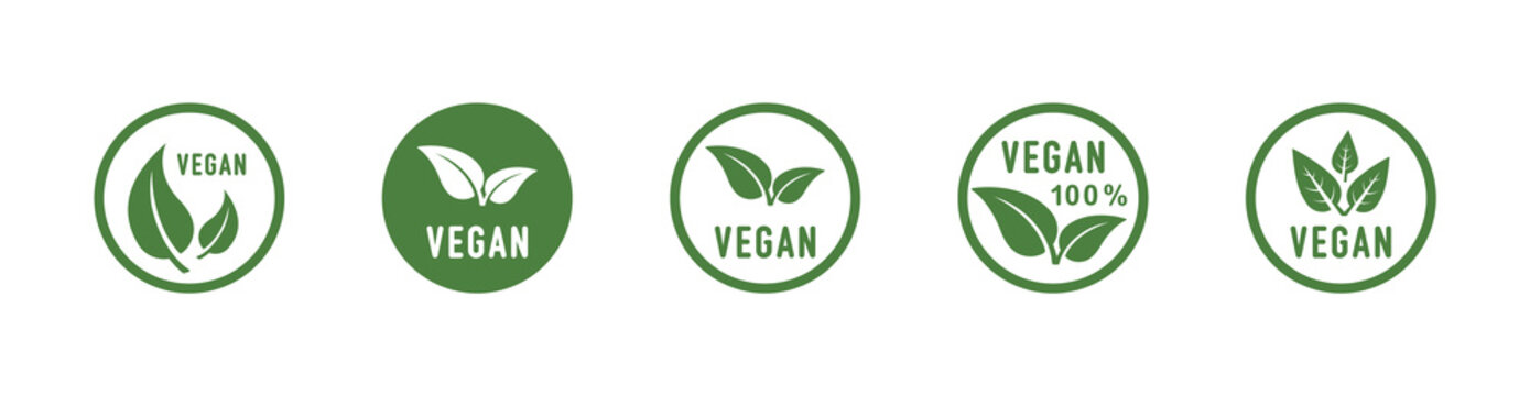 Vegan round icons set. Vegan food sign with leaves. Logo. Tag for cafe restaurants packaging design. Bio, Ecology, Organic Logos and Badges, Label. Vegan food diet icon, bio and healthy food. Vector