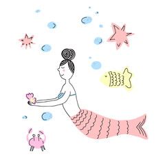 Cute little mermaid, doodle nursery illustration