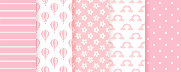 Baby shower seamless pattern. Pink pastel backgrounds. Baby girl geometric prints. Vector. Set of kids textures. Cute childish backdrop with balloon, rainbow, flowers and dots. Modern illustration.