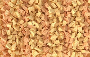 Lots of  of maasdam cheese pieces on yellow background 3d rendering. A pile of toy cheese slices