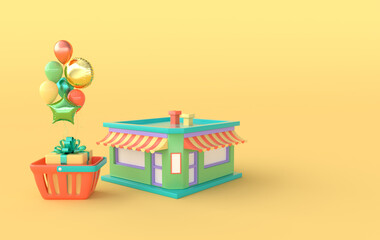 The shop building and shopping basket with present box and colorful balloons. 3d rendering illustration