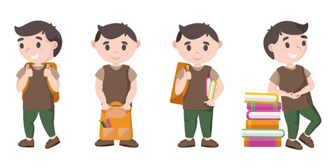 Schoolboy in different poses. Pupil in cartoon style