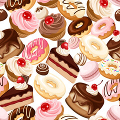 Vector seamless pattern with various cakes, cupcakes, macaroons, donuts, candies and other sweets on a white background. 