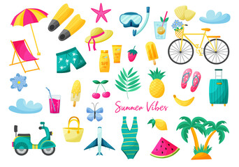 Set of summer elements in hand drawn style.
