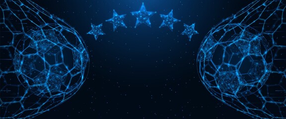 Football championship. Star league. The ball is in the center of the soccer goal net. Polygonal construction of lines and points. Blue background.
