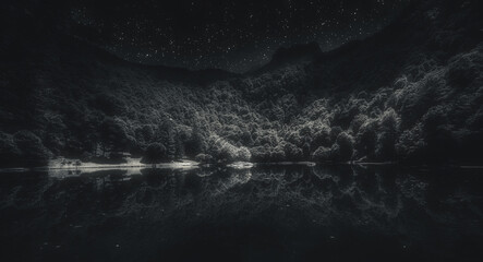 Monochrome night shot of mountain lake