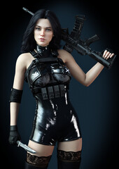 Obraz na płótnie Canvas Portrait of a battle born female soldier with long black hair automatic weapon and combat knife with a gradient background. 3d rendering
