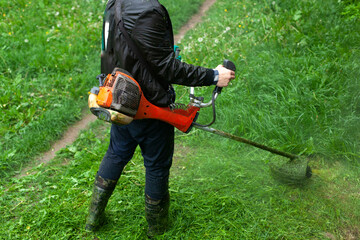 Mows the grass with a hand-held lawn mower. The gardener is cutting the lawn.