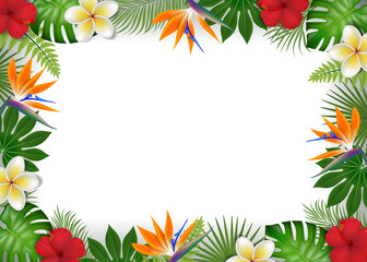 Fototapeta na wymiar Summer frame with tropical leaves and exotic flowers