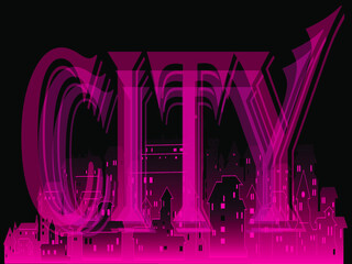 vector illustration depicting the word city and the outlines of the city in dark pink tones on a dark background for printing on T-shirts, and for decorating the interiors of studios, bars and discos