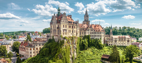 Panorama of Sigmaringen Castle, Germany. Urban landscape with German castle - obrazy, fototapety, plakaty