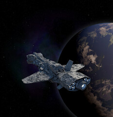 Interplanetary Spaceship Passing by a Blue Planet, 3d digitally rendered science fiction illustration © Algol