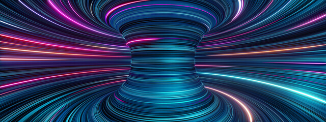 3d render, abstract cosmic panoramic background, blue pink neon rays and glowing lines. Speed of light. Fantastic vortex of space and time strings