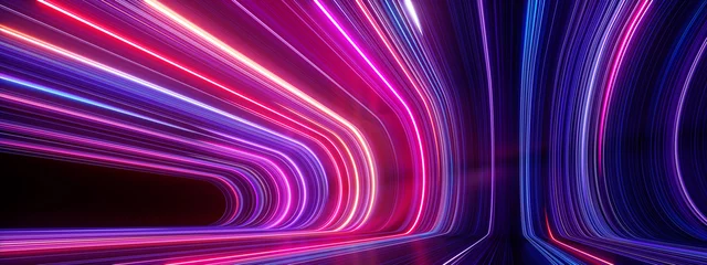 Foto op Canvas 3d render, abstract panoramic neon background. Bright purple violet pink lines glowing in ultraviolet light © NeoLeo