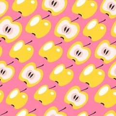Seamless vector pattern with bright yellow apples and apple slices, pink background. For backgrounds, textile, package design.