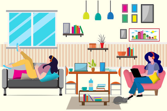 Flat design vector of man and woman doing work at the laptop computer in home.They are sitting on sofa behind computer with picture.work from home,Freelance,Vector Graphic and workplace concept.