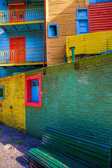 colorful houses and bench
