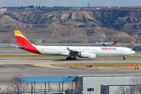 Iberia Airlines Airbus A340-600 preparing for take off at Madrid Barajas International Airport. Aircraft A340 registered as EC-JCY.