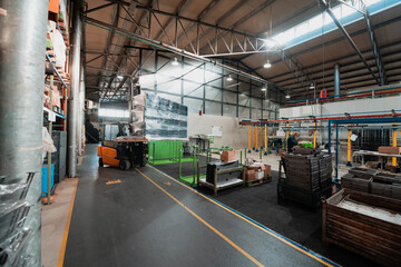 Forklift loader in storage warehouse ship yard. Distribution products. Delivery. Logistics. Transportation. Business background