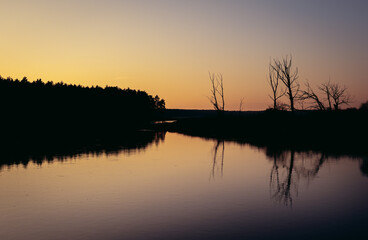 Sunset over Bug river, viewpoint near Szumin, small village in Masovian Voivodeship of Poland