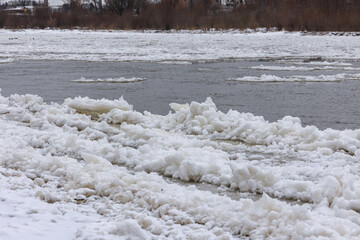 Ice floes on the Vistula during winter in Warsaw, capital of Poland