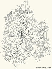 Black simple detailed street roads map on vintage beige background of the quarter Stadtbezirk VI (Zollverein) district of Essen, Germany