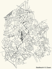 Obraz premium Black simple detailed street roads map on vintage beige background of the quarter Stadtbezirk VI (Zollverein) district of Essen, Germany