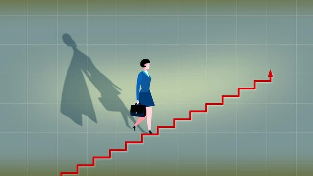 Cartoon businesswoman with super heroine shadow going up the chart graph stairs animation. Business metaphor of progress, success, career advancement, climbing up career ladder or stairs. 