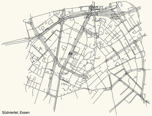 Black simple detailed street roads map on vintage beige background of the quarter Südviertel Stadtteil of Essen, Germany
