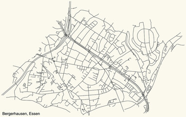 Fototapeta na wymiar Black simple detailed street roads map on vintage beige background of the quarter Bergerhausen Stadtteil of Essen, Germany