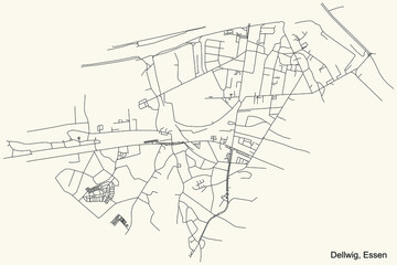 Black simple detailed street roads map on vintage beige background of the quarter Dellwig Stadtteil of Essen, Germany