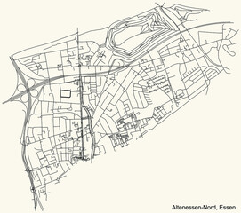 Black simple detailed street roads map on vintage beige background of the quarter Altenessen-Nord Stadtteil of Essen, Germany