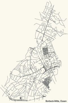 Black simple detailed street roads map on vintage beige background of the quarter Borbeck-Mitte Stadtteil of Essen, Germany