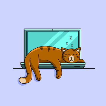 Cat Sleeping On Laptop. Vector Illustration.