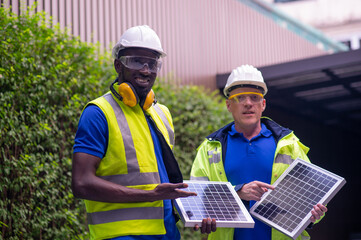 A male engineer is proficient in solar panels. Analyzing, calculating, consulting on planning and install the power panel