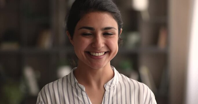 Blogger, intern, vacancy applicant, successful business lady, young student, professional occupation person close up portrait concept. Head shot pretty woman standing indoor smiling looking at camera